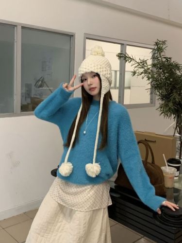 Three-label whitening, age-reducing, thickening and warm imitation mink velvet sweater for women, loose and lazy knitted sweater