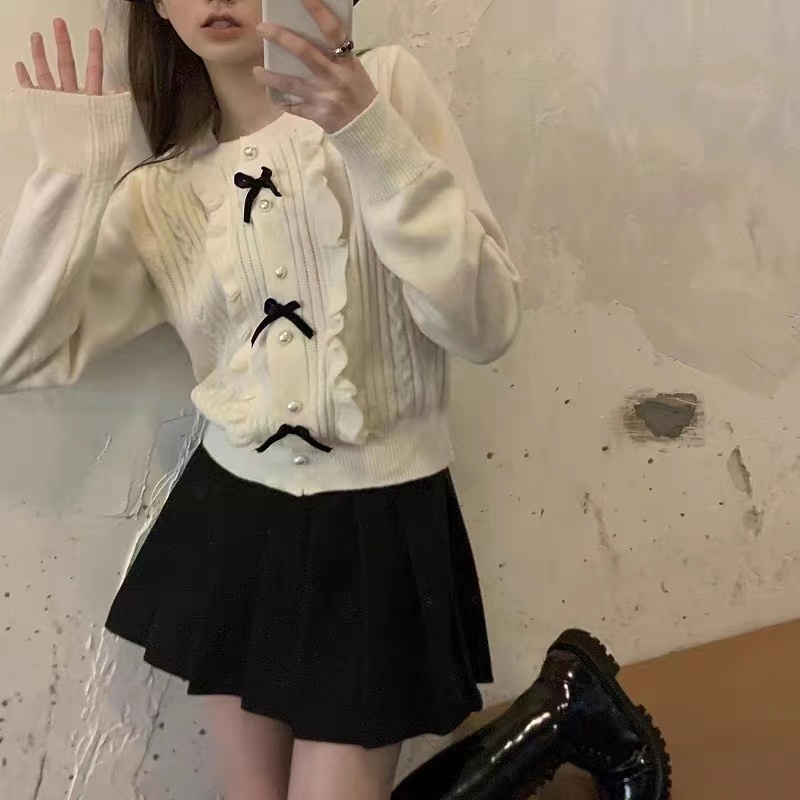 Autumn and winter cute Japanese ruffled short bow long-sleeved loose lazy style women's knitted cardigan