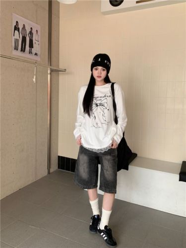 Wide and versatile loose bow printed brushed patchwork lace inner and outer top