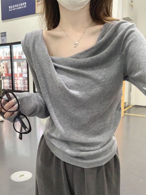Sweet swing collar irregular knitted sweater for women autumn girly chic pleated top long-sleeved bottoming shirt
