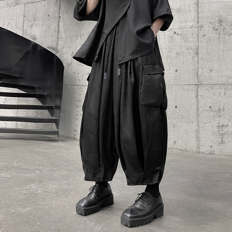 Summer clothes Yohji Yamamoto Japanese retro big pocket men's nine-point bloomers dark ice silk dark pattern pants large size