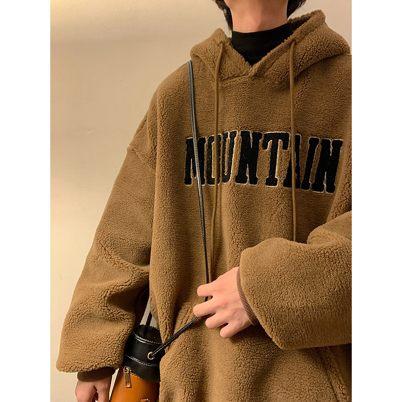 Towel embroidered lamb wool hooded sweatshirt for men large size thickened warm coat cotton coat