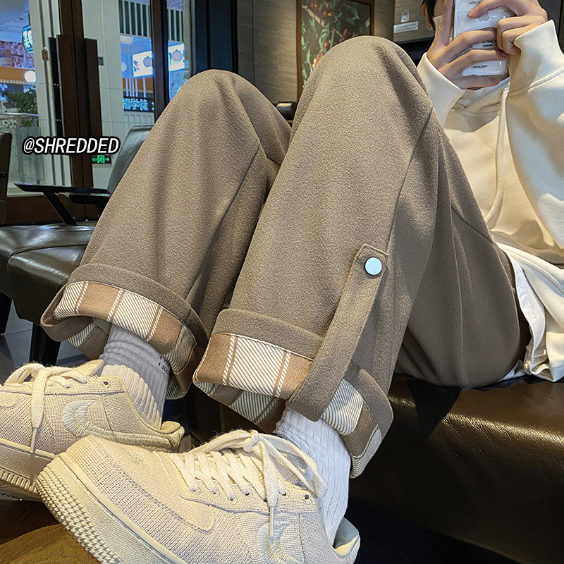 Korean style trendy plaid curled straight loose large size men's casual trousers