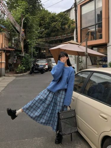 Japanese sweet blue sweater woolen skirt two-piece set for women
