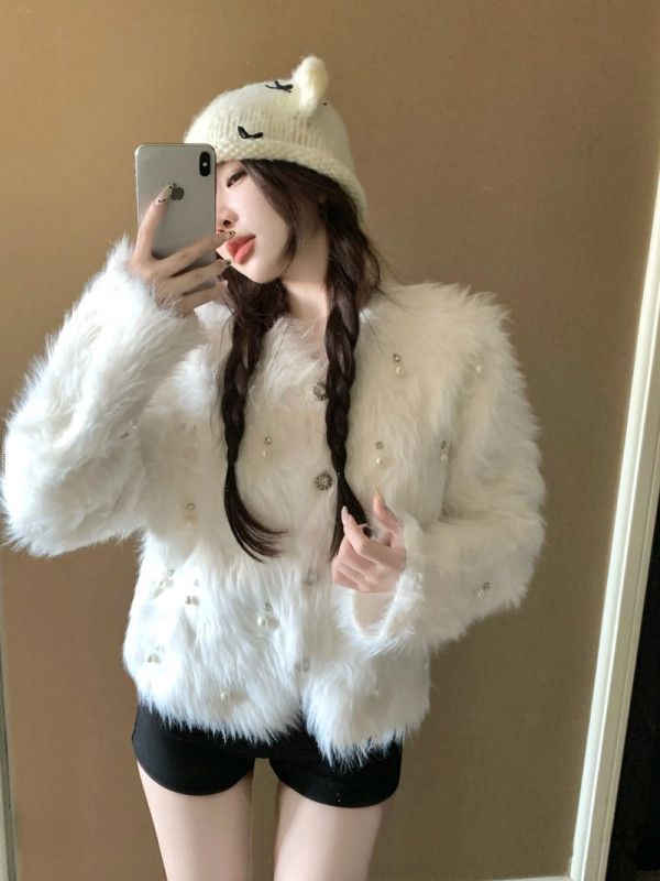 Pearl button gypsophila eco-friendly imitation mink knitted cardigan jacket sweater