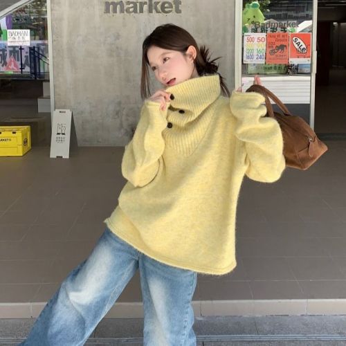 Lazy style large lapel design pullover turtleneck sweater for women autumn and winter irregular thickened sweater top