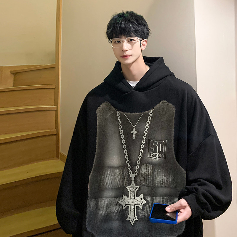 Men's hooded sweatshirt spring and autumn new boys' cross print jacket