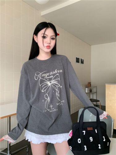 Wide and versatile loose bow printed brushed patchwork lace inner and outer top