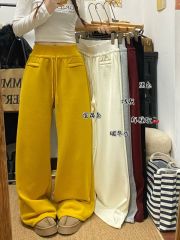 Elastic waist wide leg casual pants, velvet thickened warm women's winter straight pants, floor mopping pants