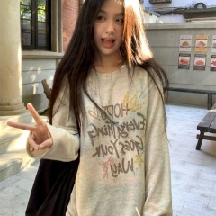 Colorful printed long-sleeved T-shirt for women in early autumn, Korean casual, lazy, loose and versatile knitted top