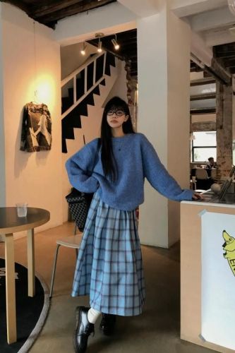 Japanese sweet blue sweater woolen skirt two-piece set for women
