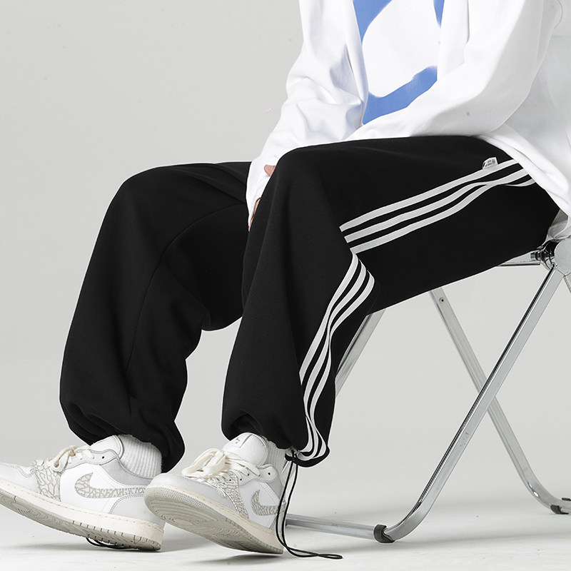 High quality shadowless wall men's hemmed striped loose large size leggings sweatpants