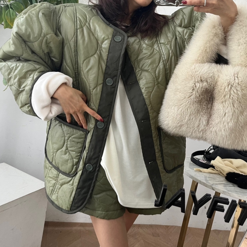 Diamond plaid wavy pattern lining thickened cotton jacket + loose quilted shorts two-piece suit