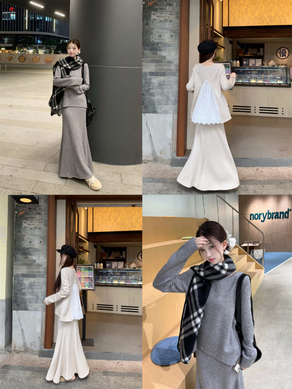 Comfortable suit French knitted splicing lace high-end outfit suit for inner wear and outer wear in autumn and winter