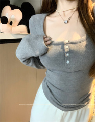 Pure Desire High Elastic Bottoming Women's Autumn and Winter Slim Fit Square Neck Top