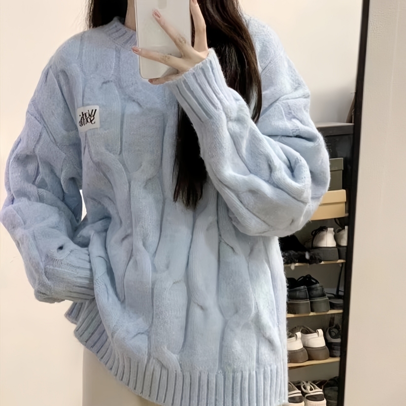 Lazy style twist milk fufu blue pullover sweater autumn and winter Korean version slimming loose thickened sweater for small people