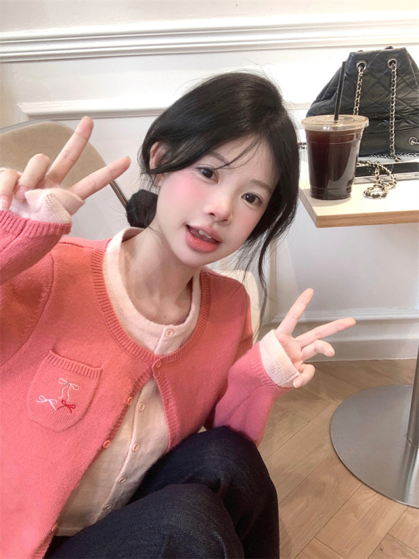 Sweet rose red fake two-piece knitted cardigan sweater top
