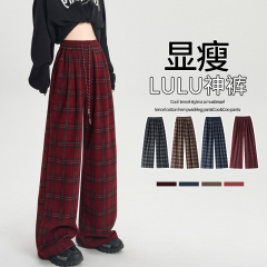 Real shot of plush plaid pants for women 2024 autumn and winter retro straight casual pants, loose and versatile, slimming wide-leg pants
