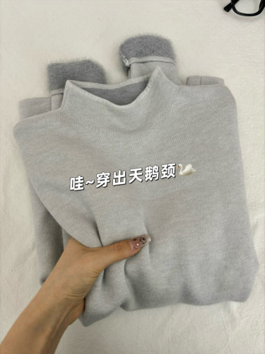 Small stand-up collar fufu soft waxy knitted long-sleeved bottoming shirt for women winter plus fleece sweater autumn simple top inner wear