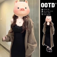 2024 early autumn new style lazy black suspender dress women's autumn and winter coat with bottoming long skirt suit