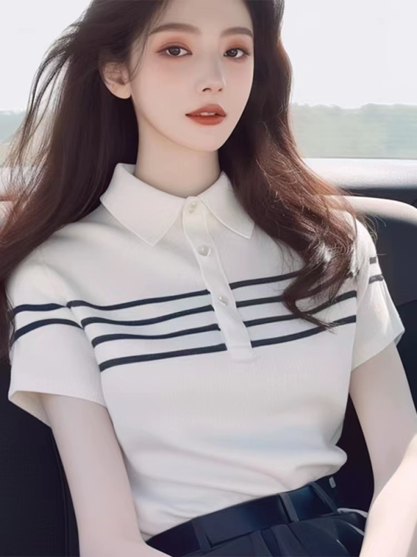 Summer Korean chic western style unique and beautiful top white striped polo collar knitted short-sleeved T-shirt for women