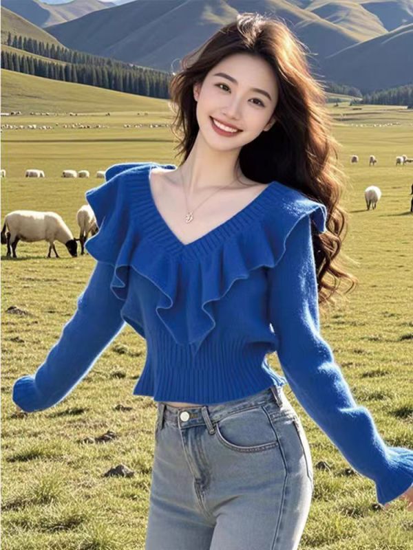 French Klein Blue V-neck Sweater Women's Autumn and Winter New Style Age-Reducing Ruffled Waist Sweater Top