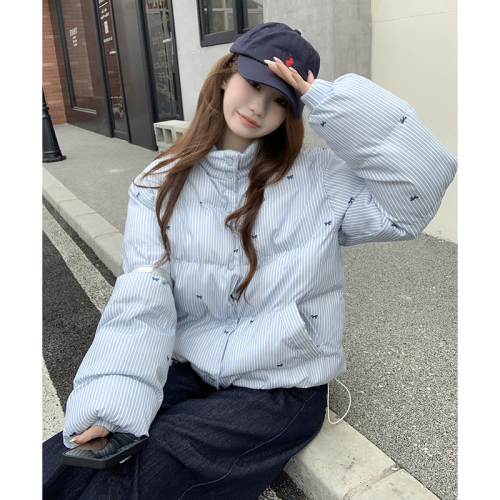 Real shot of blue striped cotton-padded jacket with bow knot cotton-padded jacket for women in autumn and winter warm loose stand-up collar cotton coat