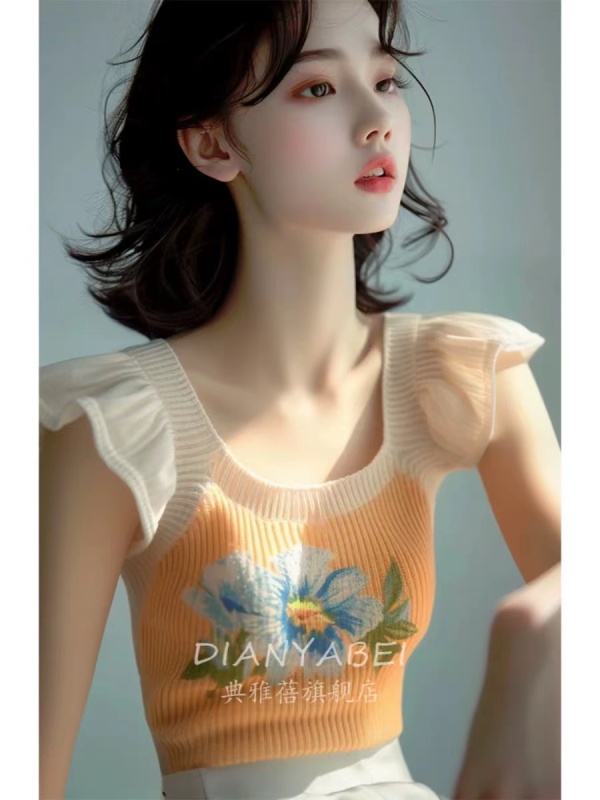 Orange rose printed knitted short-sleeved women's t-shirt 2024 new summer niche unique and chic small flying sleeve short top