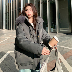 Real shot of fur collar cotton jacket for women 2024 winter new thickened design loose workwear jacket