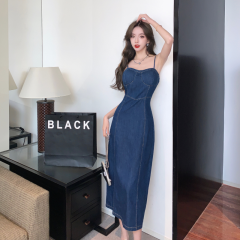 Real shot of wine afternoon French retro 2024 women's summer denim suspender dress waist slimming slit long dress