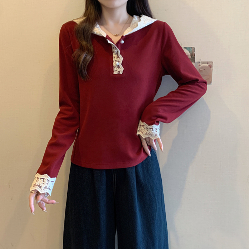 Real shot of 2024 new autumn and winter fat mm plus size women's French lace hooded thickened knitted bottoming shirt