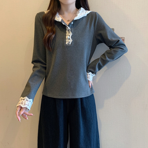 Real shot of 2024 new autumn and winter fat mm plus size women's French lace hooded thickened knitted bottoming shirt