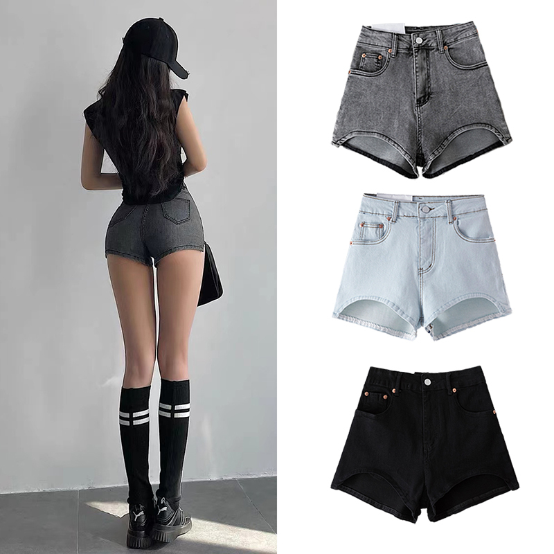 2024 Hot Girl Sexy High Waist Slimming Irregular Curved Leg-Long Denim Shorts Stretch Hip-covering Hot Pants Summer