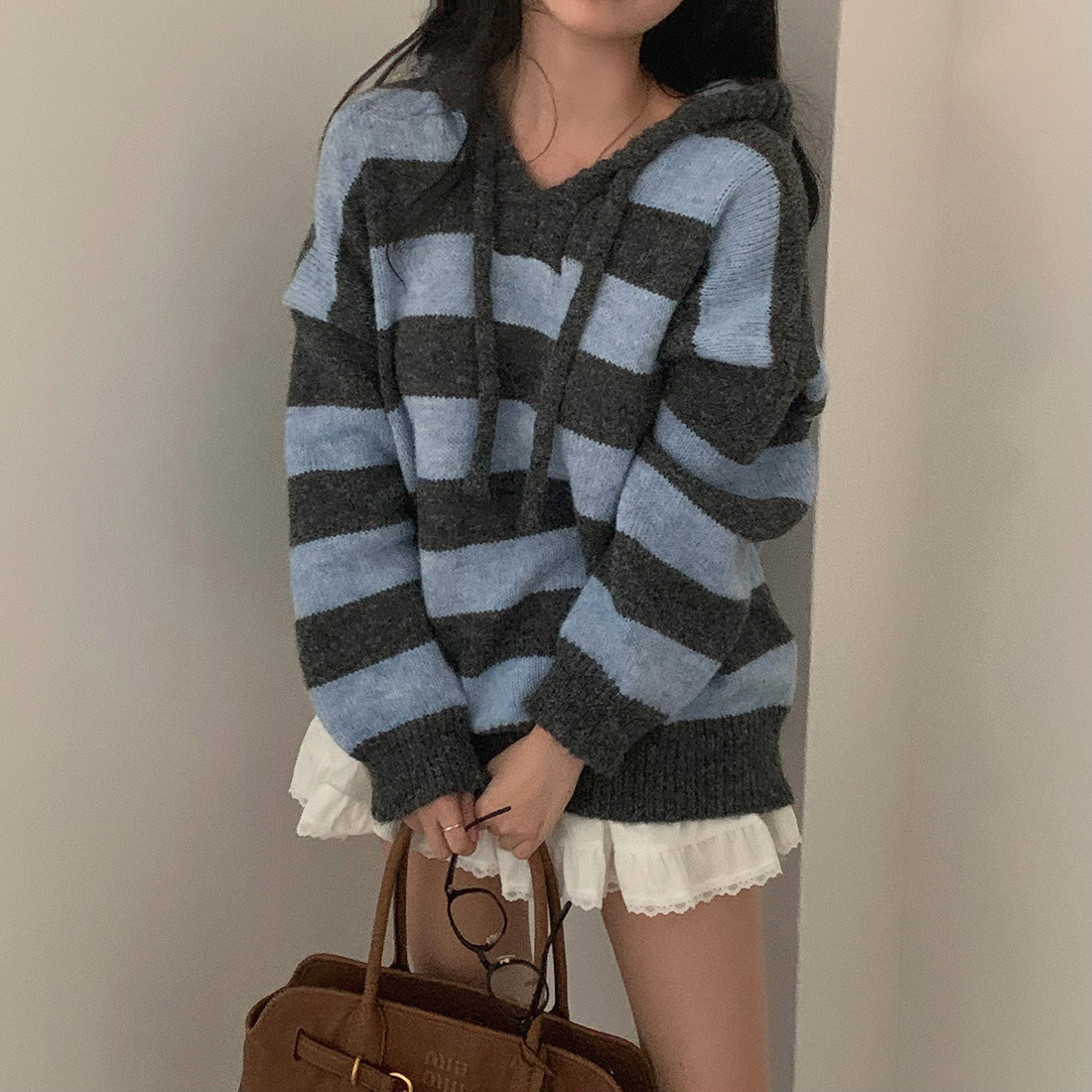 Korean chic winter new retro striped hooded loose long-sleeved sweater