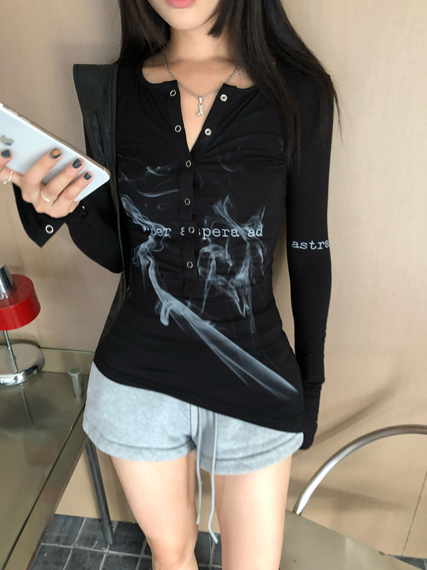Long-sleeved, slightly see-through pullover, irregular original smoke lettering bottoming shirt, slim fit blouse