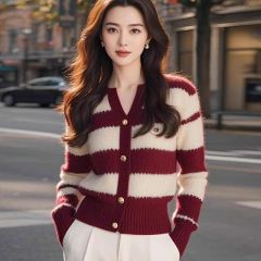 Burgundy Striped Knitted Cardigan Sweater Women's 2024 Autumn and Winter New Style Small Fragrance Jacket Soft Waxy Warm Top