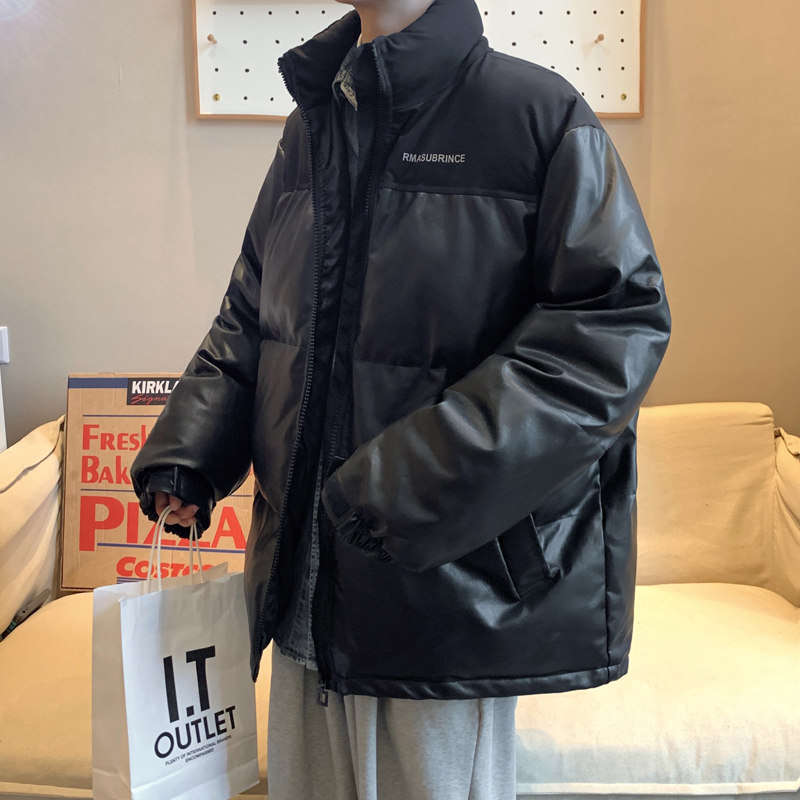 Stand collar leather cotton coat for men in winter thickened printed loose cotton coat trendy cotton jacket splicing