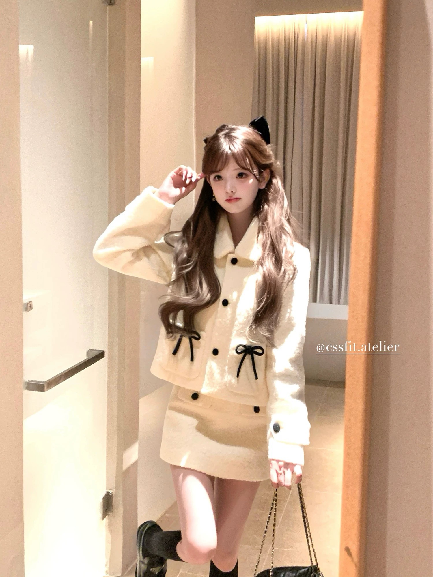 Paris Sweetheart Bow Contrast Color Grainy Wool Jacket + Skirt Set