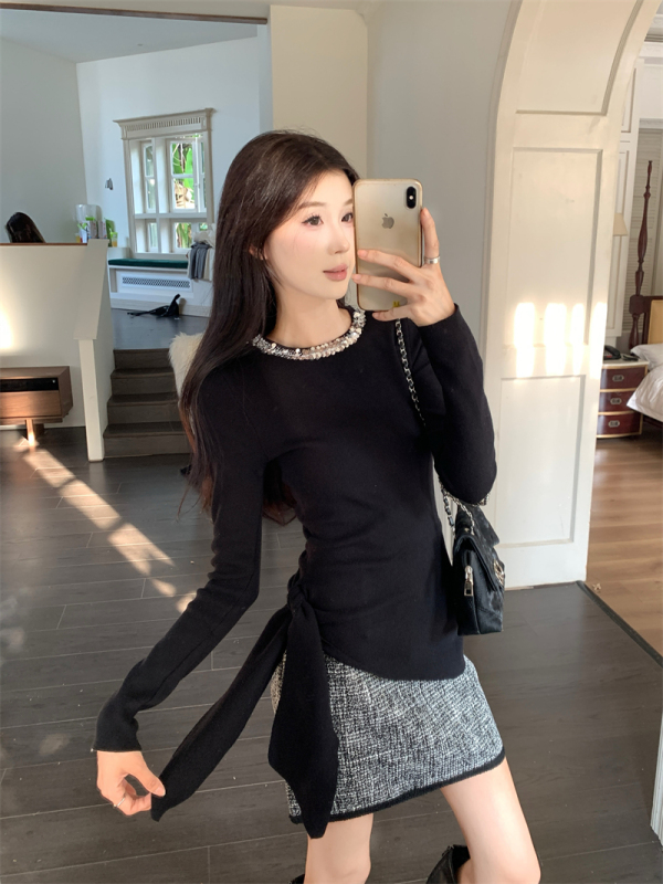 Yanbo Moyun French elegant round neck sequin embroidered irregular knitted sweater skirt suit