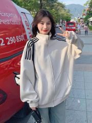 Korean spring and autumn new three-bar ins stand-up collar top student 2024 loose baseball sports zipper slim jacket