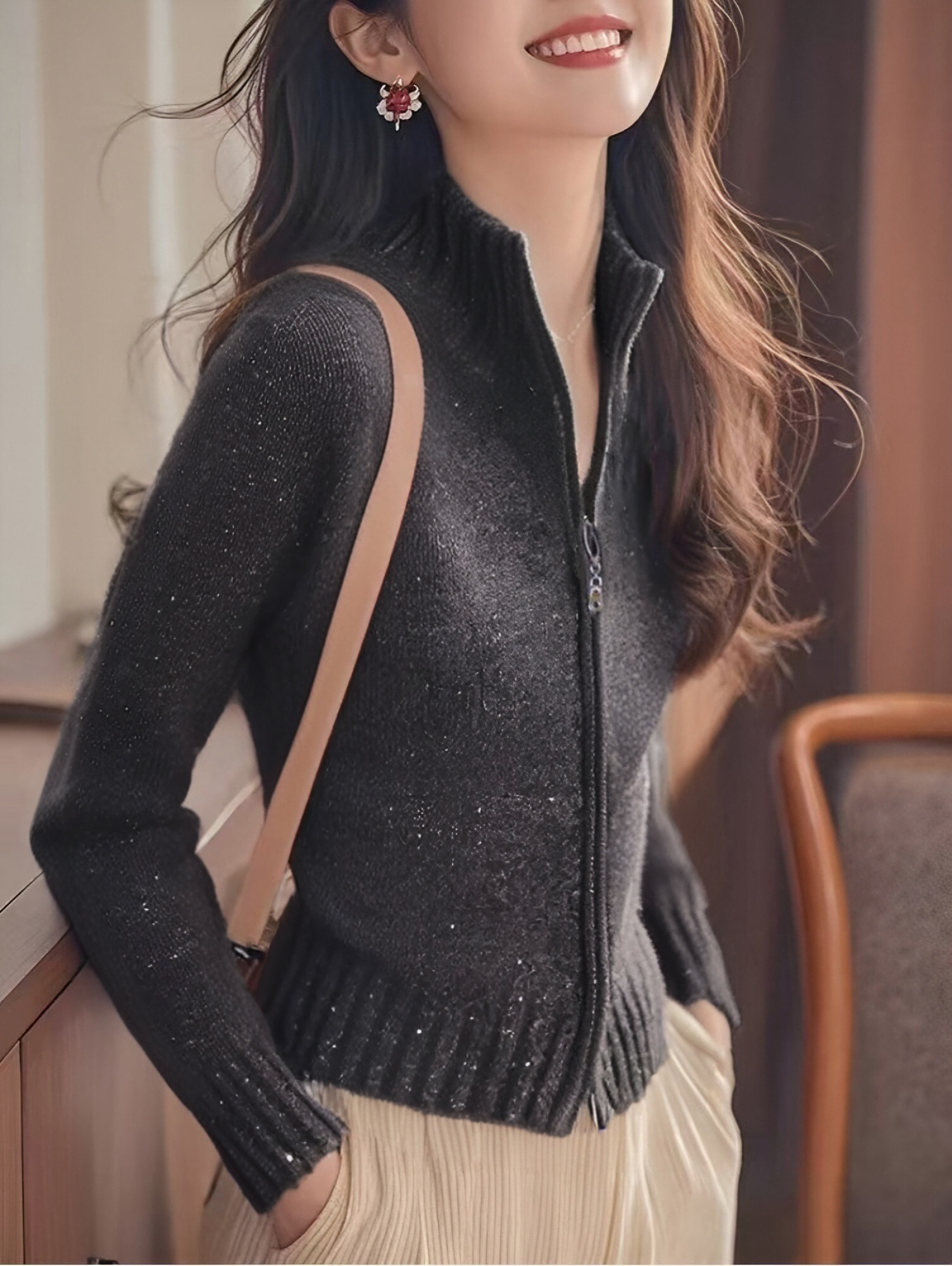 Gray double zipper stand collar knitted 2024 new autumn sweater jacket casual versatile long-sleeved top