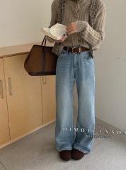 European goods 62180 high-waisted wide-leg jeans for women with velvet 2024 winter new Korean style versatile loose straight trousers