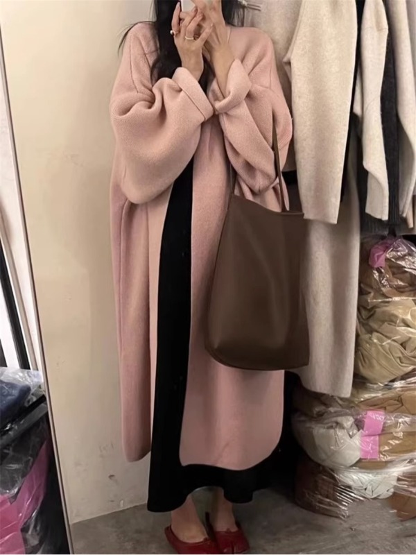 Mid-length sweater cardigan coat for women spring and autumn lazy style high-end slimming knee-high loose thickened knitted coat