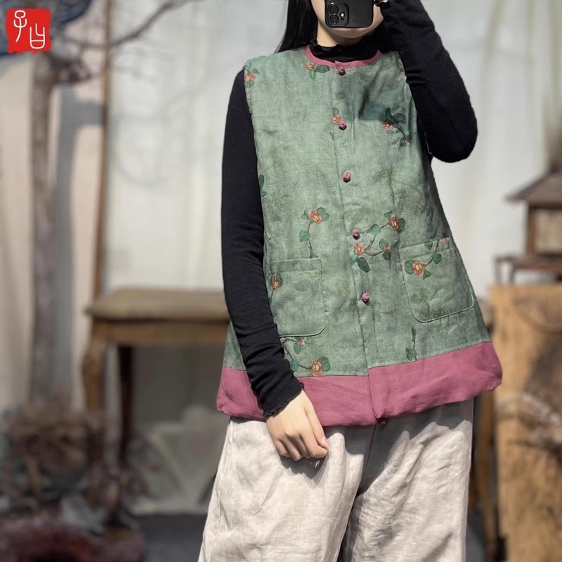 Retro Chinese style linen printed disc buckle vest warm vest thin cotton coat jacket warm round neck cotton waistcoat
