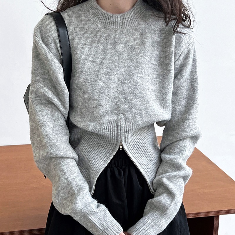 Autumn short zipper sweater, Western style, high-end niche design, round neck pullover top