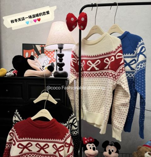 Sweet temperament round neck bow jacquard thickened versatile long-sleeved soft waxy knitted sweater for women