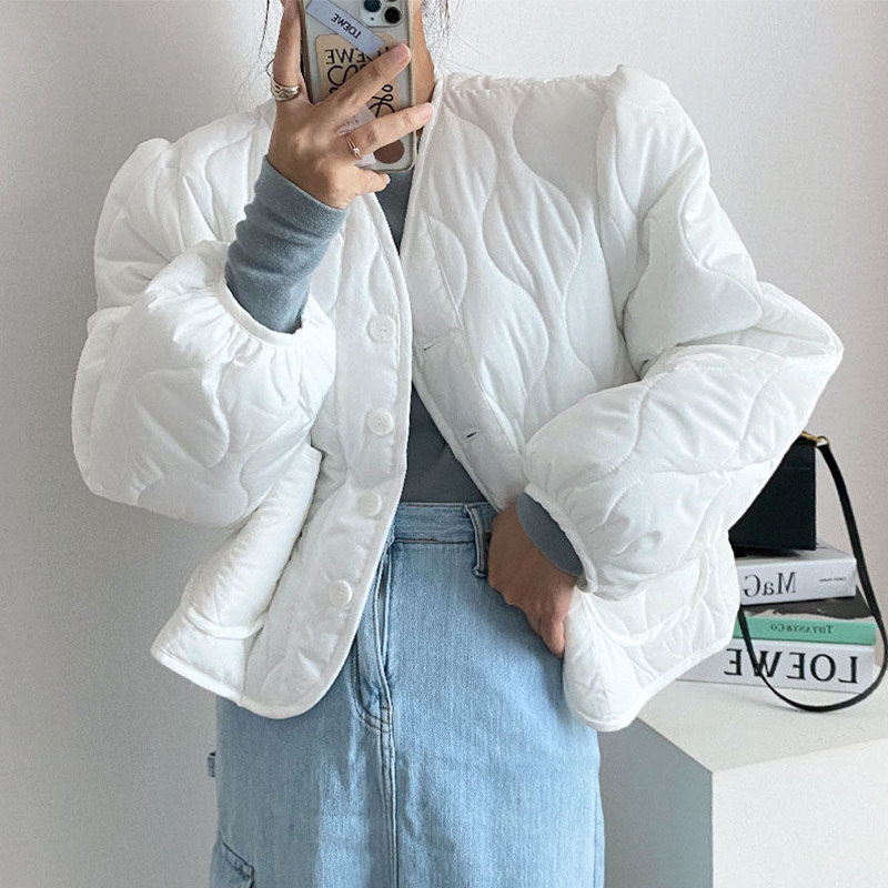 Korean chic autumn and winter retro temperament versatile V-neck rhombus pattern loose big pocket short cotton jacket