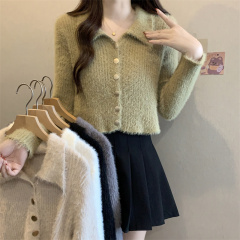 Autumn and winter new polo collar sweater button high-end design chic long-sleeved short knitted cardigan bottoming top