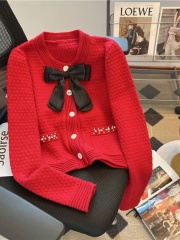 Xiaoxiangfeng cardigan sweater jacket for women autumn and winter 2024 new Korean style red bow beaded knitted top