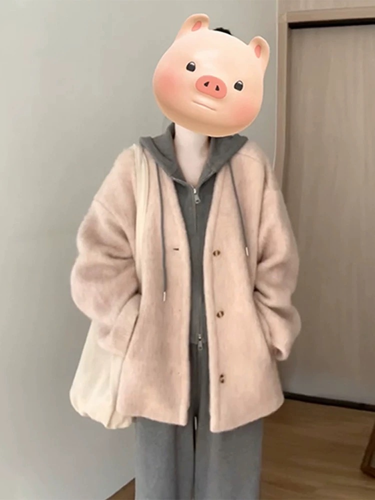 Small fragrant woolen thickened and high-end 2024 new autumn and winter Korean pink short woolen jacket for women